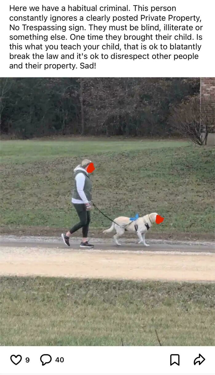 Person walking a dog on a path ignoring private property signs, shared on a neighbors app post screenshot.