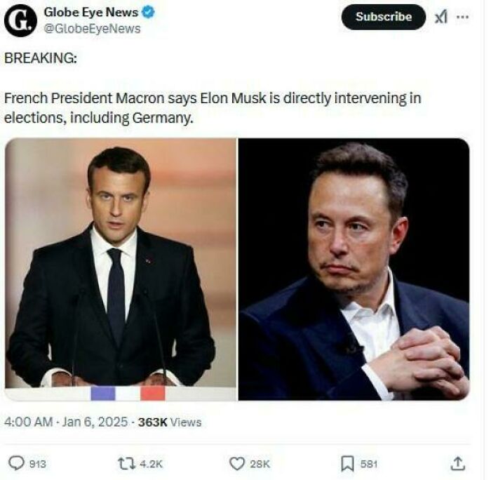 Screenshot of a White People Twitter post showing French President Macron accusing Elon Musk of election interference.