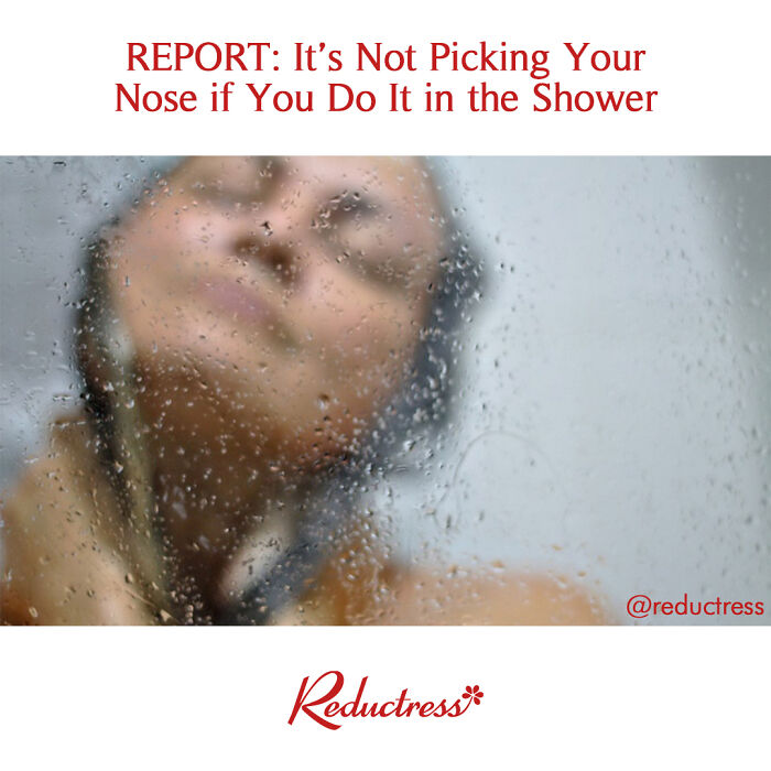Woman behind a wet shower glass, featured in a fake article headline from the Reductress online magazine.