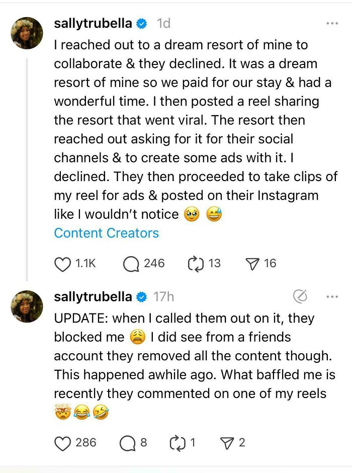 "Beggars being choosers: influencer shares story of resort using her viral content without permission."