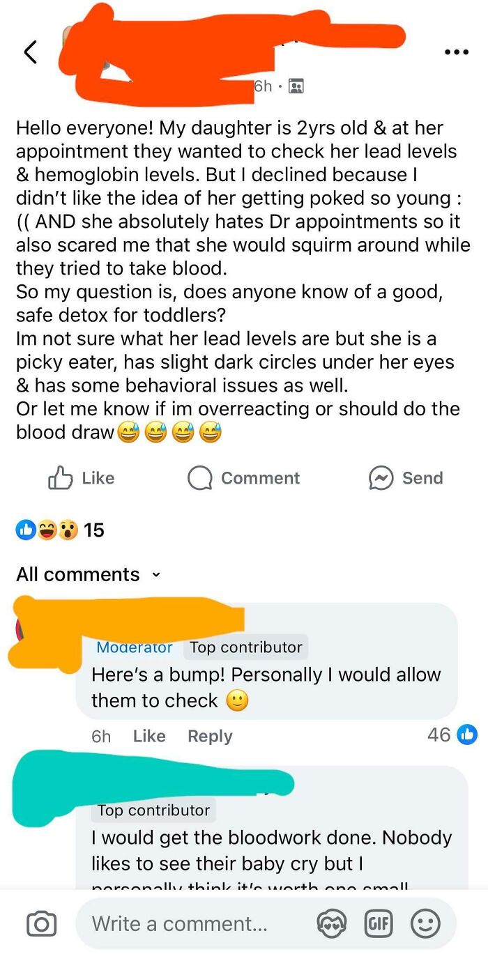 Facebook post about a parent questioning medical tests for a toddler, highlighting concerns from ignorant-parents.