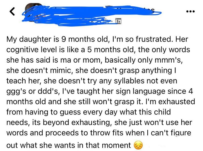 Text from a social media post expressing frustration about parenting challenges with a 9-month-old.