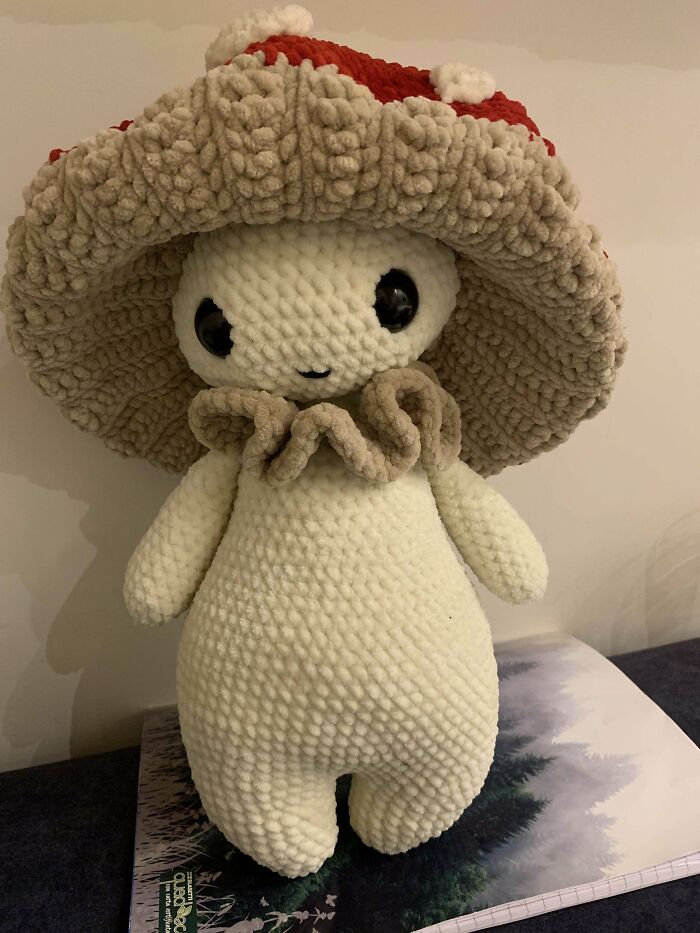 Crochet enthusiast showcases a handmade mushroom plush doll with textured yarn and detailed stitches.