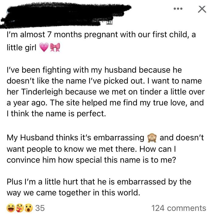 Text about naming a baby Tinderleigh, highlighting a disagreement between expecting parents.