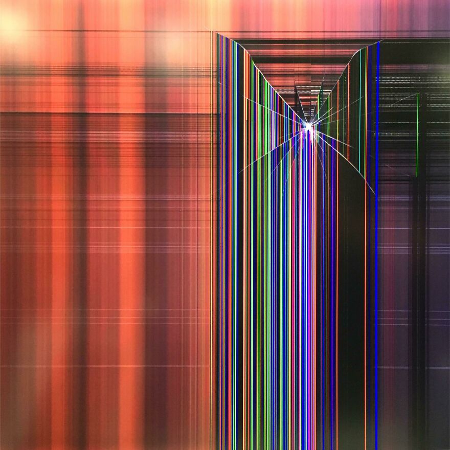 Colorful accidental art with vertical stripes and a c*****d screen effect, resembling modern abstract art.