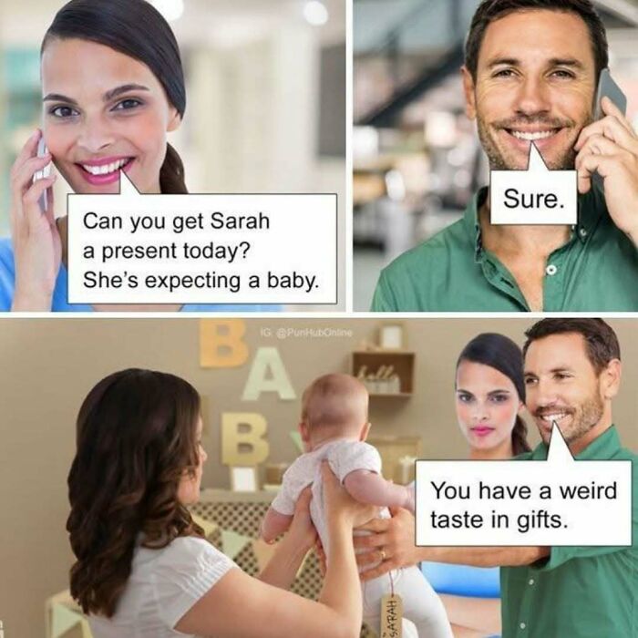 Dad joke meme featuring a couple, funny gift misunderstanding, and a confused new mom.