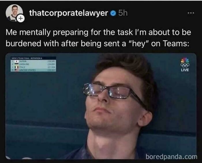 Programmer meme: Person leaning back with eyes closed, captioned about preparing for unexpected tasks on Teams.