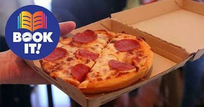 Pepperoni pizza in a box with a Book It! sticker, capturing nostalgia from the wild ’90s era.