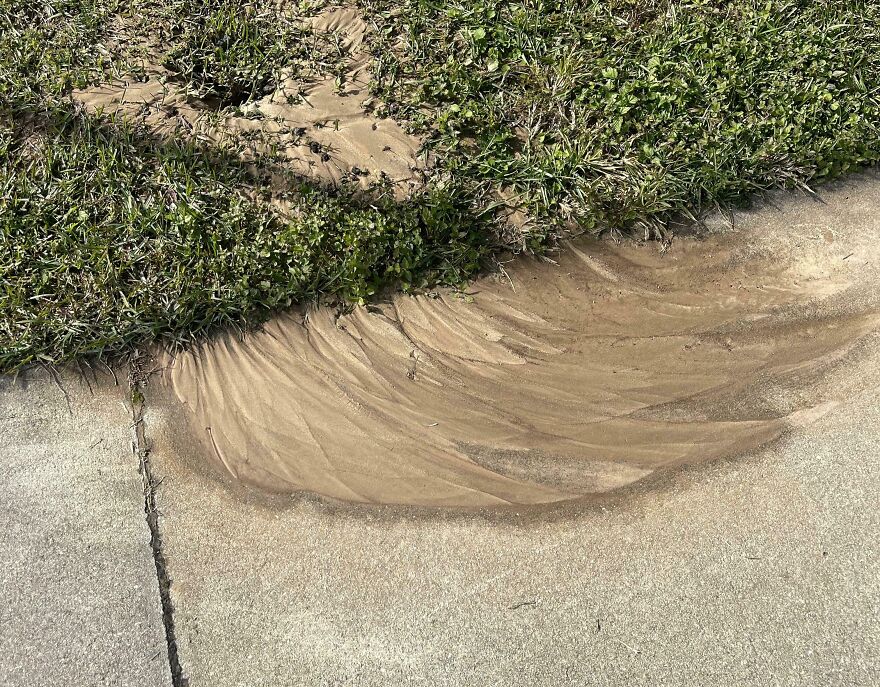 Grass next to a sidewalk with sand patterns resembling ocean waves.