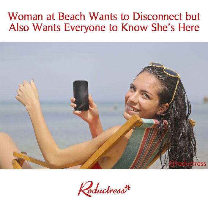 Woman relaxing on beach chair holding phone, smiling, illustrating funny fake article headlines from Reductress online magazine.