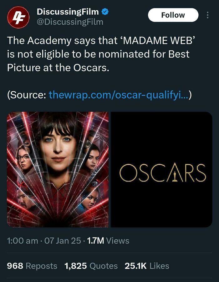Tweet about the movie Madame Web being ineligible for Best Picture Oscar nomination, related to questionable movie details.