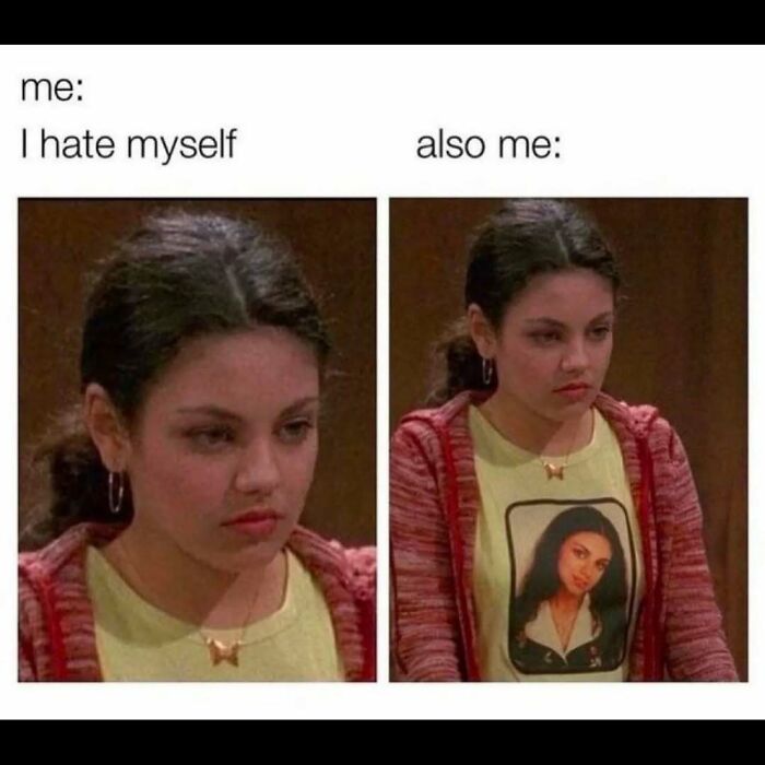 Young woman wearing a red cardigan and yellow shirt showing a relatable funny meme about self-hate and therapy is expensive.