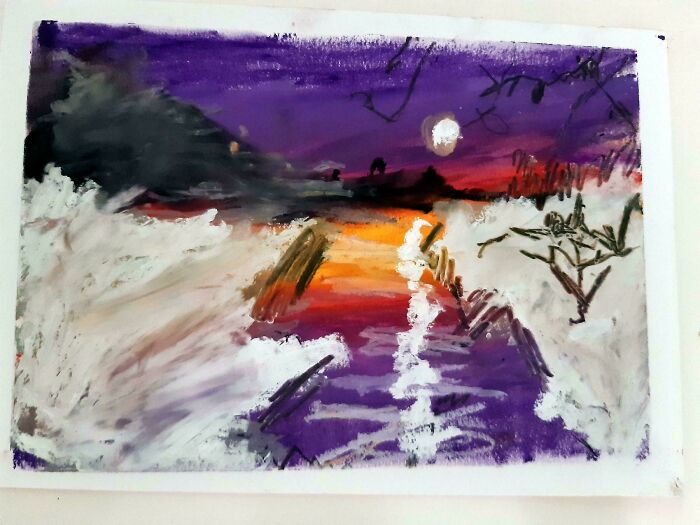 Sunset painting by a dad, showcasing a rewarding artistic expression with vibrant purple and orange hues.