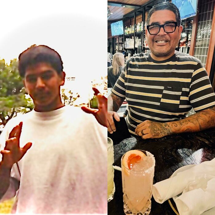 Wholesome photos side-by-side of a young man outdoors and the same man older at a bar smiling with tattoos