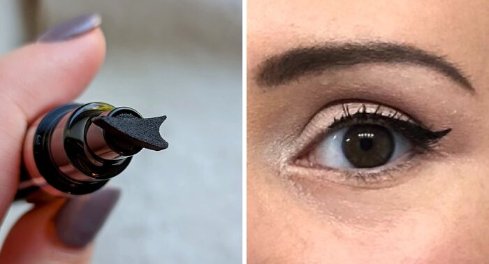 Close-up of a liquid eyeliner applicator with a unique tip next to a brown eye with neatly applied eyeliner in an Operation Clean Life context.