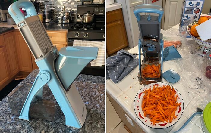 Blue vegetable slicer on kitchen countertops, demonstrating a tool to cut down on mess and improve organization.