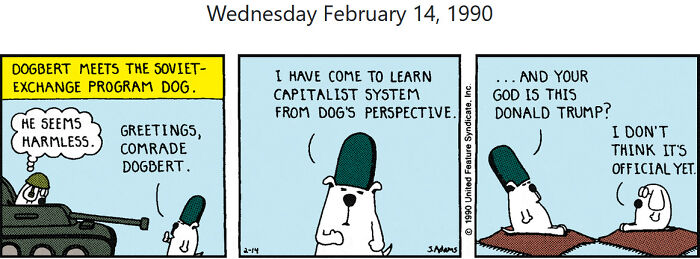 Comic strip featuring Dogbert meeting a Soviet-exchange dog predicting future events humorously.