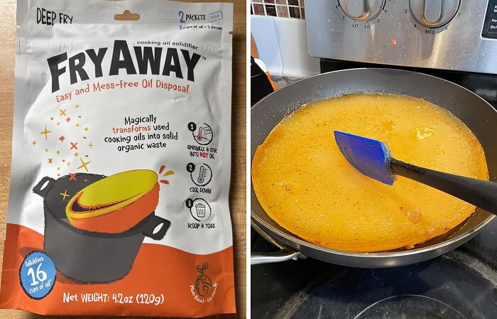 FryAway cooking oil solidifier packet next to frying pan with food, demonstrating mess reduction and clean life tips.