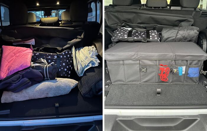 Car trunk organized with storage solutions and bags, demonstrating practical ways to cut down on the mess this year.