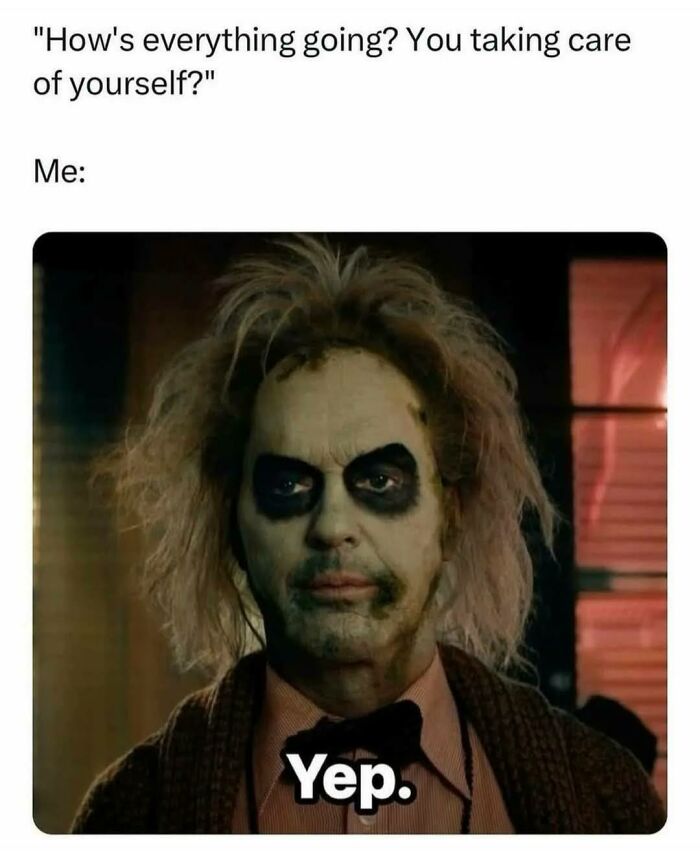 Man with messy hair and dark eye makeup looking tired, captioned to express humor as a coping mechanism.