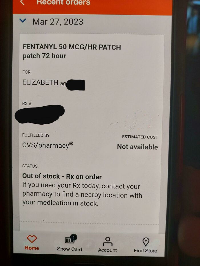 Prescription order screen showing medication out of stock at local pharmacies.