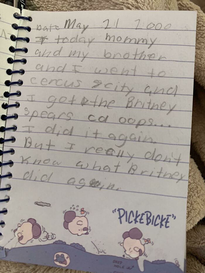 Child's humorous diary entry about a day out, mentioning a Britney Spears CD.