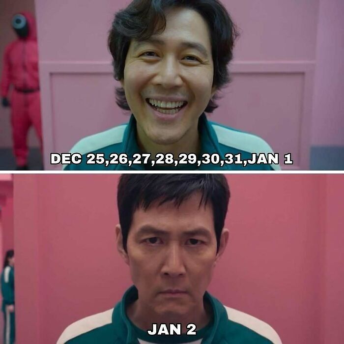 Smiling and serious expressions of "Squid Game 2" characters illustrate a holiday transition meme.