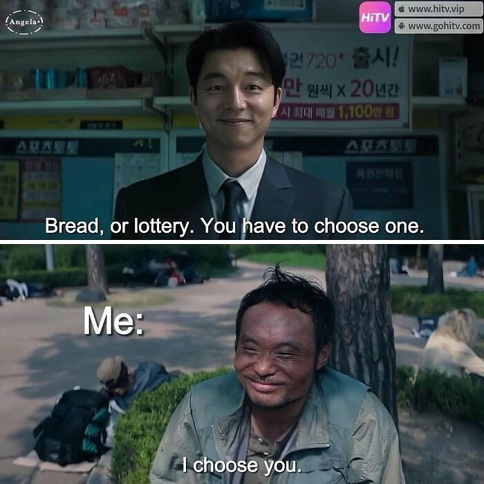 Scene from Squid Game 2 meme with a smiling man offering choices: bread or lottery. Another man responds with a smile.