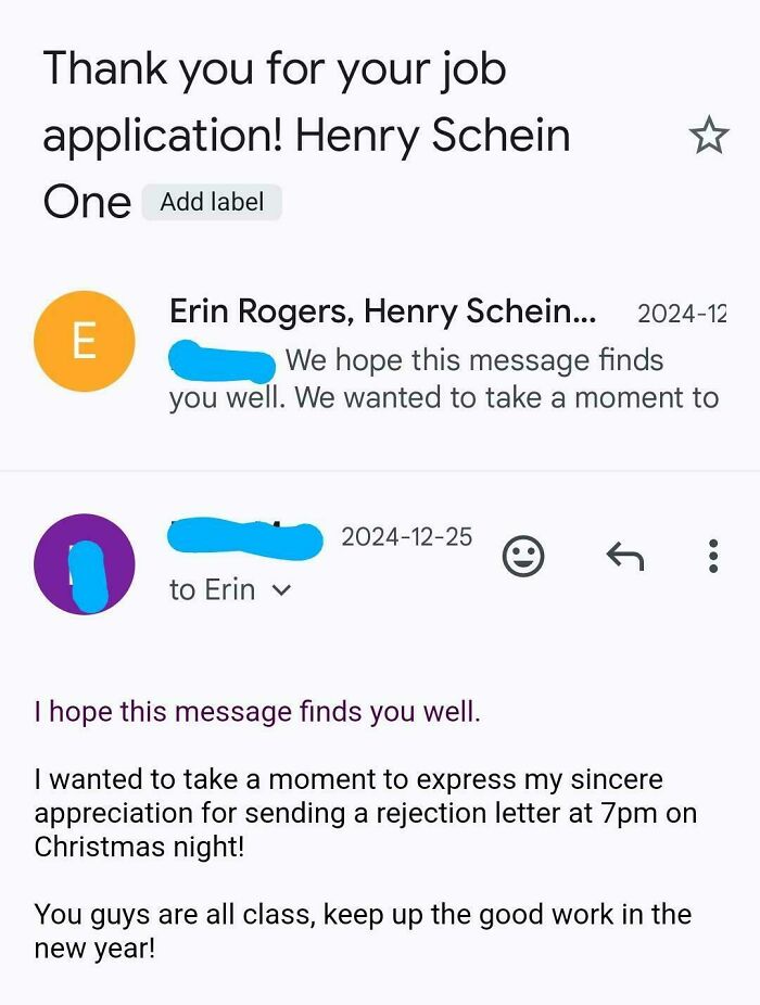 Email screenshot showing a sarcastic response to a job rejection received on Christmas night, illustrating recruiting hell.