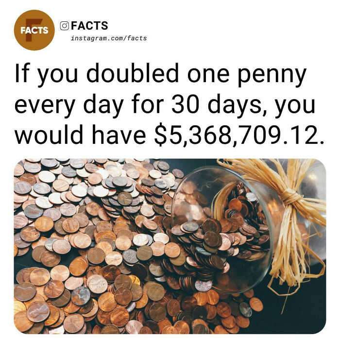 Pennies spilling from jar, showcasing fascinating fact about doubling a penny daily for 30 days to reach $5,368,709.12.