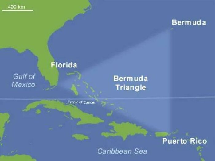 Map showing the Bermuda Triangle area between Florida, Bermuda, and Puerto Rico in the Caribbean Sea.