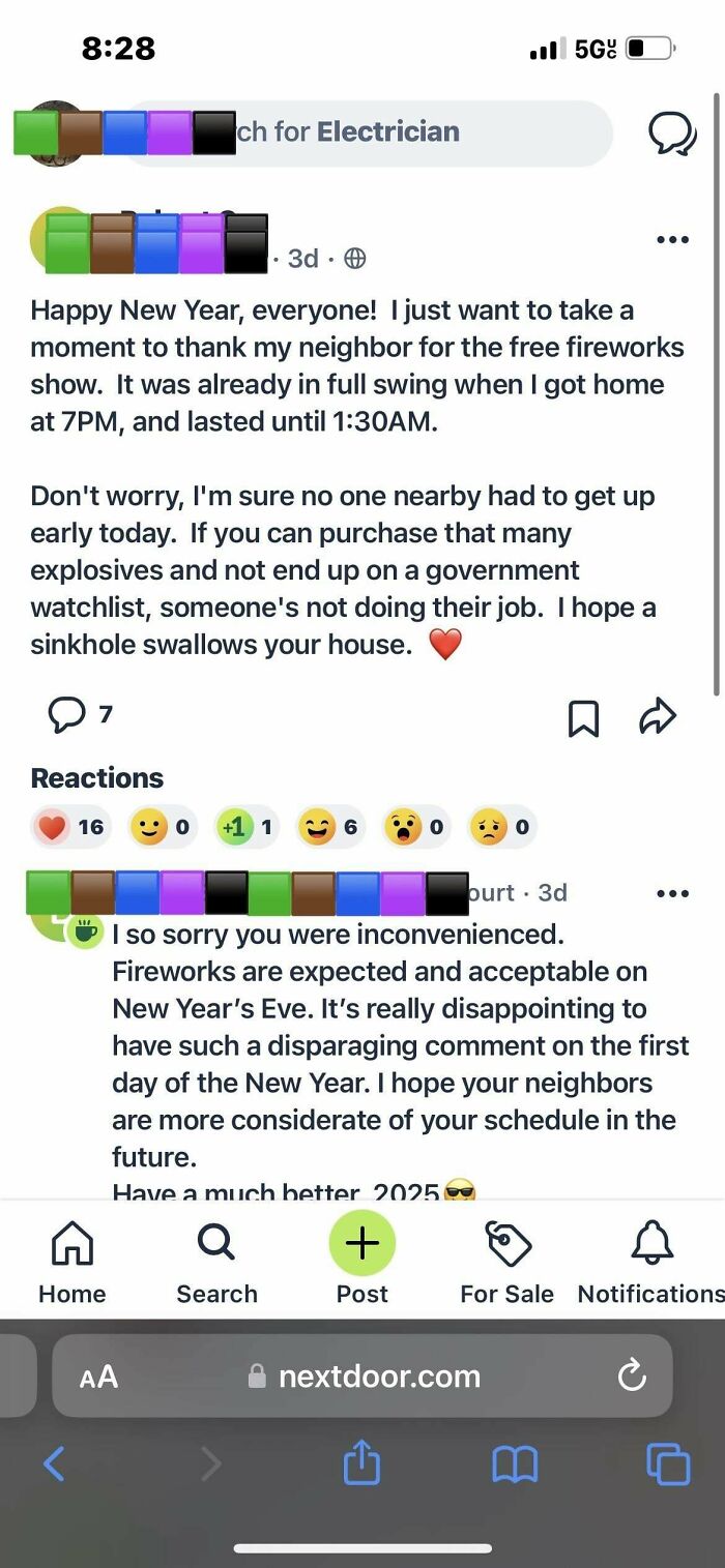 Screenshot of a wild neighbor post on the app showing a New Year fireworks complaint and reactions from neighbors