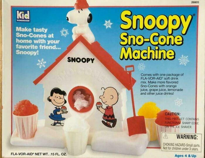 Snoopy Sno-Cone Machine box from the wild ’90s, featuring Snoopy on a red-roofed house with colorful sno-cones.