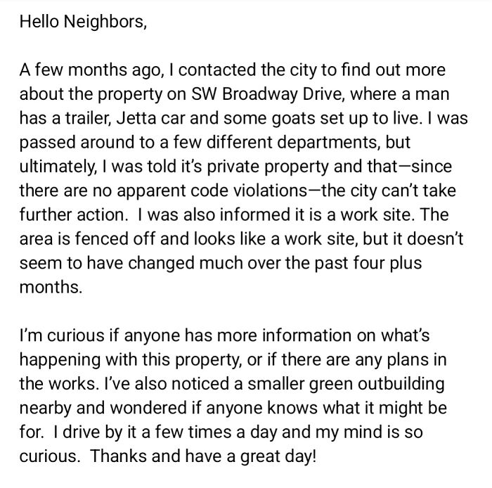 Screenshot of a neighbor's detailed inquiry about property and unusual activities shared on a neighbors app post.