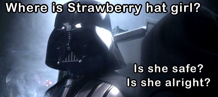 Darth Vader in a scene captioned with humorous "Squid Game 2" meme text about a strawberry hat girl.