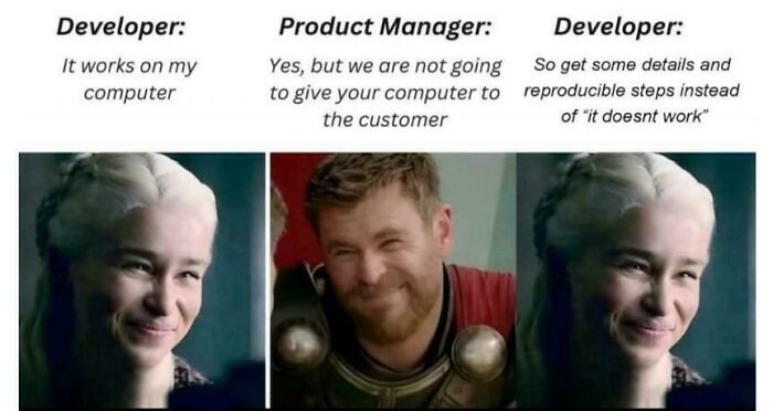 Meme for programmers: characters humorously discuss the phrase "it works on my computer."