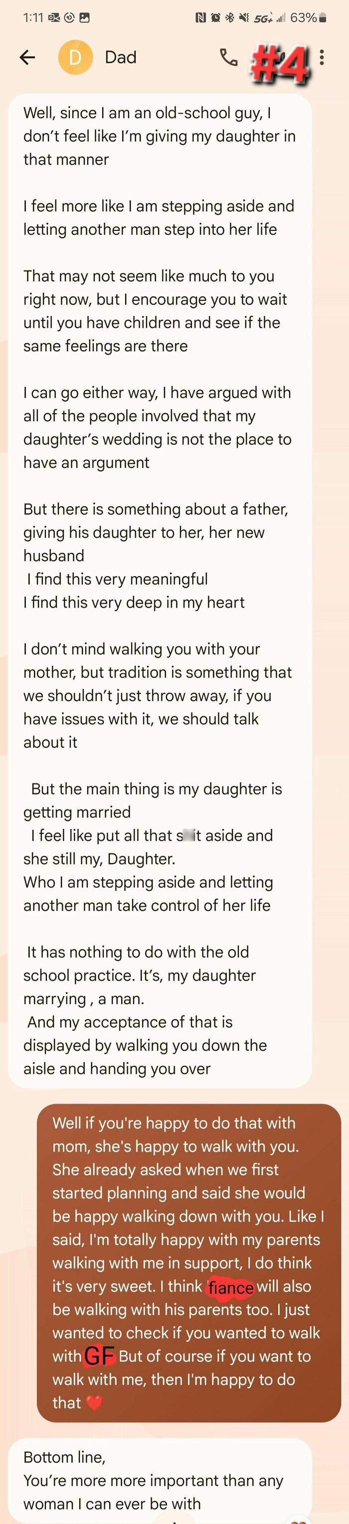 Text conversation discussing father-daughter wedding traditions and walking down the aisle.