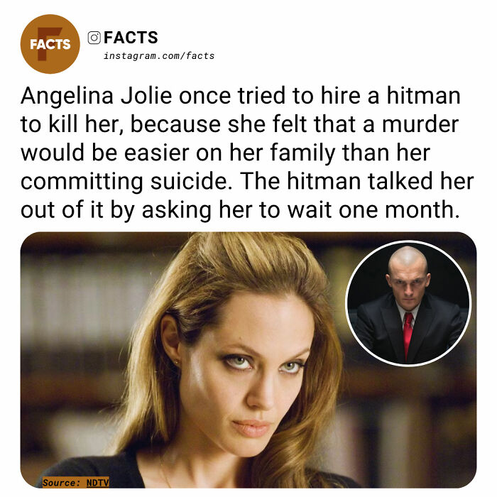 Woman sitting, looking serious, next to a small inset of a bald man in a suit, illustrating fascinating facts.