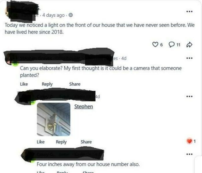 Screenshot of a wild post on a neighbors app discussing an unusual light spotted on a house since 2018.