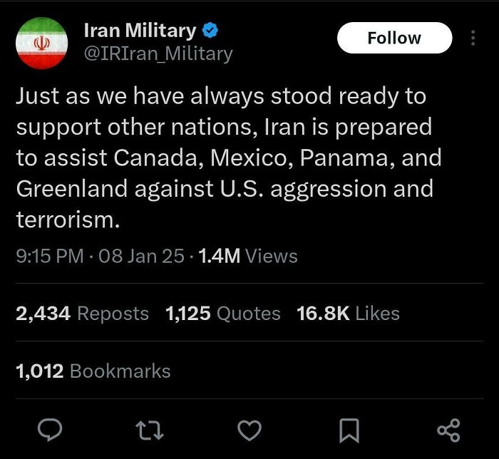 Twitter screenshot from Iran Military tweet about supporting nations against U.S. aggression, featured in White People Twitter screenshots.