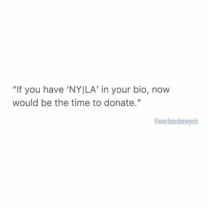 Text on a white background showing a funny wild NYC conversation about having NY or LA in social media bios and donating.