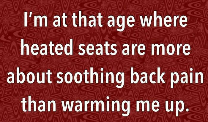 Text on a red patterned background stating that heated seats now soothe back pain rather than just warming up, reflecting nostalgia.