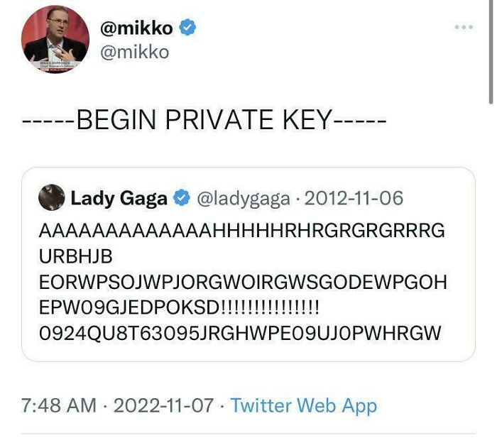 Meme for programmers: a humorous tweet comparing random text to a private key.