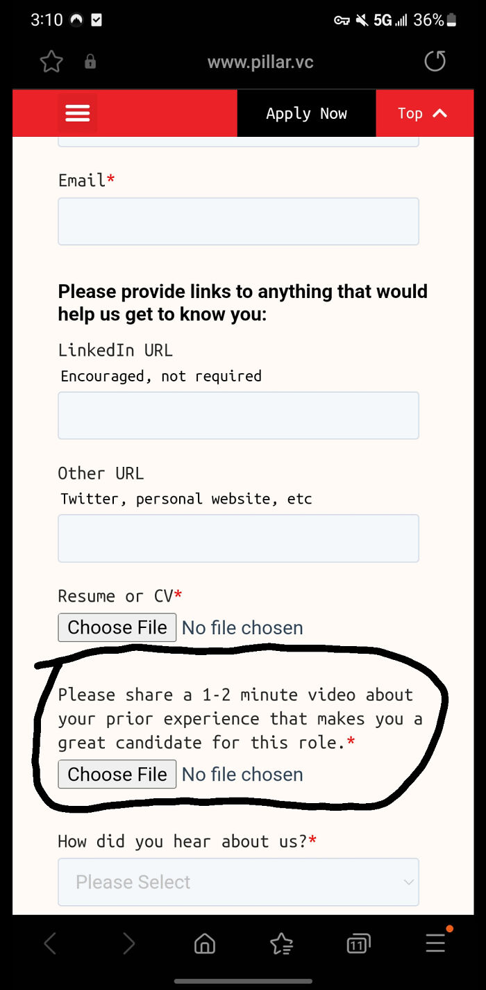 Job application form requiring video submission about prior experience.