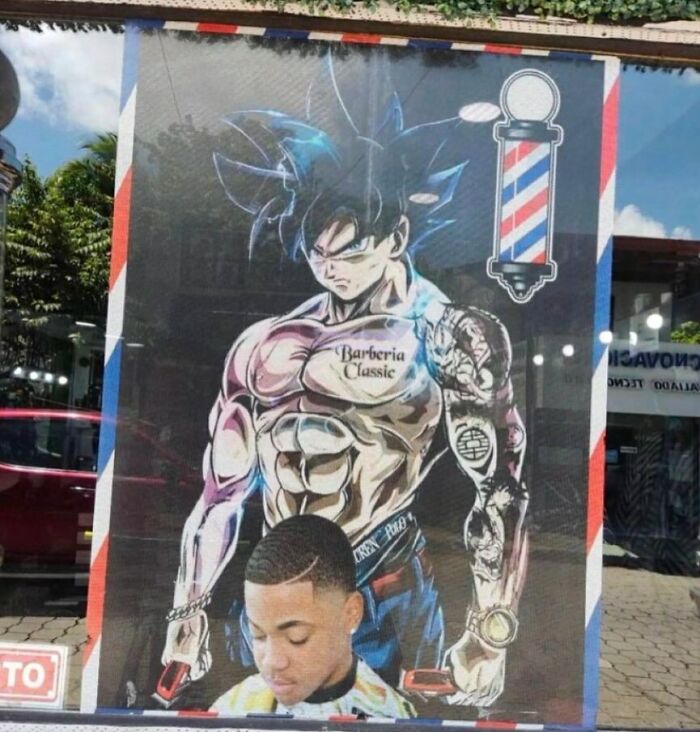 Manga-style muscular character with tattoos in a barber shop window featuring a customer getting a haircut.