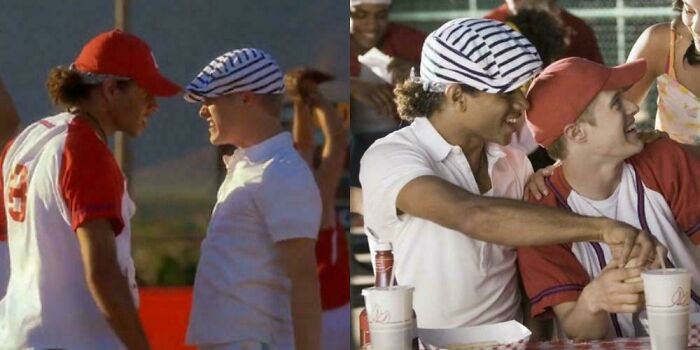 Two young men in baseball uniforms share intense and casual moments highlighting questionable movie details mocking fans online.