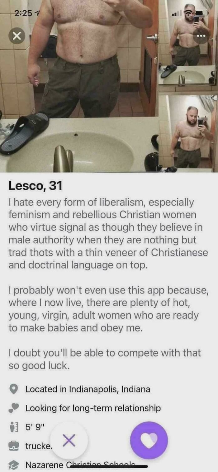 Man in a bathroom mirror selfie, shirtless; text discusses views on liberalism and dating.