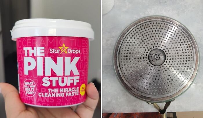 Cleaning paste held in hand; next to it, a clean pan base on a countertop.