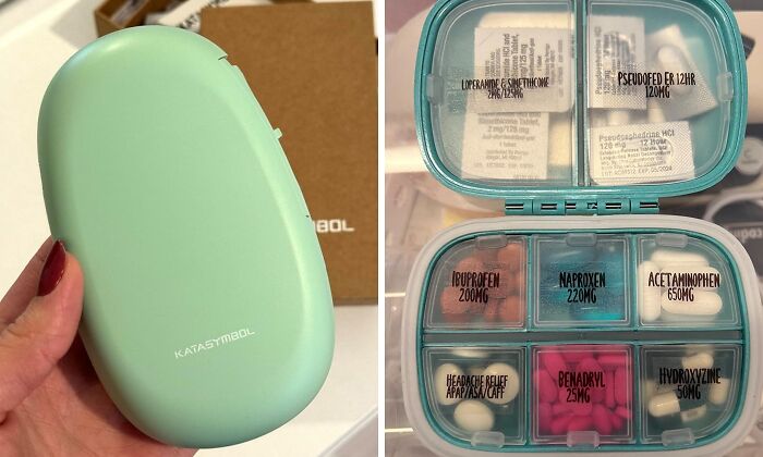 Mint green pill organizer for a responsible start to the New Year, showing neatly stored medications in labeled compartments.