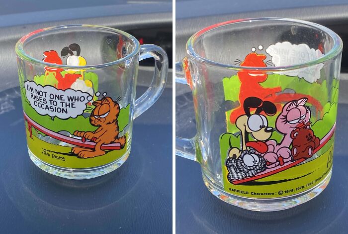 80s nostalgia glass mug featuring Garfield comic strip with Garfield lounging and characters lounging in a canoe.